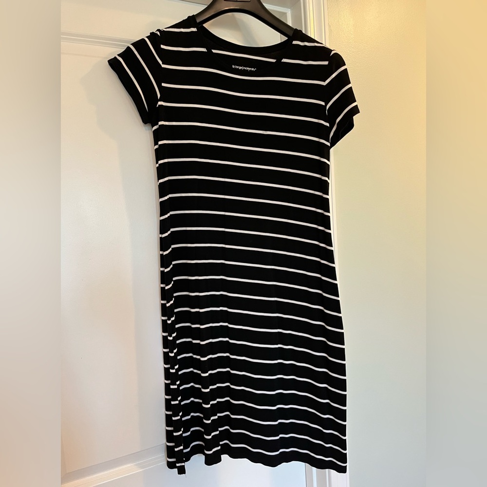 Maternity t-shirt dress in black and white stripes